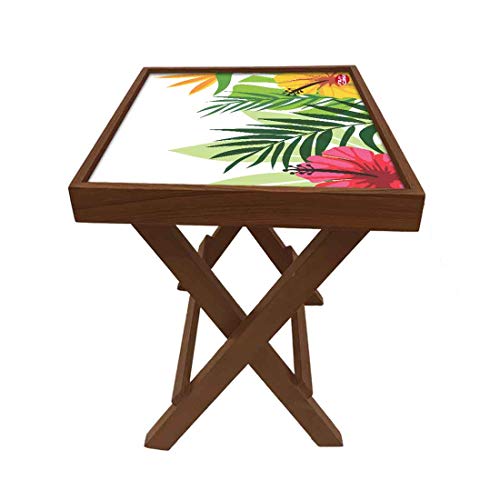 Image of Nutcase Designer Teak Wood Side Table Folding Wooden Bedside Coffee Outdoor Picnic Table - Tropical Florals