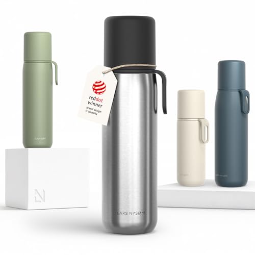 Image of LARS NYSOM Stainless Steel Thermo Water Bottle - Double Wall Insulated Water Bottle with Cup & Carry Strap, Leakproof Metal Bottle for Travel, Office & Outdoor (Stainless Steel, 25oz)