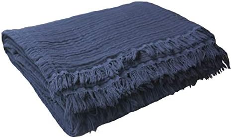 100% Organic Cotton Throw Blanket for Couch, Adult, Home, 4-Layer Muslin Pre-Washed Plant Dyed Yarn, Breathable Soft, Cozy, Lightweight Bed Blanket, All Season (60"x80" Navy Blue)