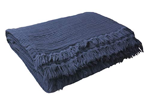 Pre-Washed 100% Organic Muslin Cotton Throw Gauze Blanket For Couch, Sofa, Adults And Kids, 4 Layers Plant Dyed Soft, Breathable, Cozy, Warm, Lightweight, All Seasons (55"X60" Inches) (Navy Blue) #TOP24