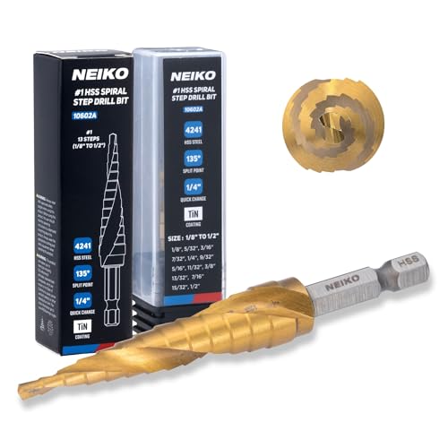 Image of NEIKO 10602A Step Drill Bit, 13 Steps 1 /8 inch to 1 /2 inch Spiral High Speed Steel, Titanium Nitride Coated, 1 /4 inch Quick Change Step Bits for Steel, Metal, Wood, Plastic, Unibit Cone Drill Bits, Two Flute