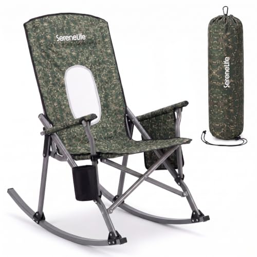 SereneLife High Back Folding Rocking Chair, Portable Camping Rocker with Cup Holder, Side Pocket & Carry Bag, Steel Frame, 250 lb Capacity, Ideal for Camping, Tailgating & Picnics, Green Camouflage by SereneLife - Used condition - US$62.46