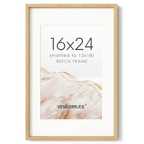 Image of 16x24 Poster Frame, USA-Sourced Natural Beech Wood Picture Collage Frame with HD Tempered Glass, Modern Simple 16 x 24 Wooden Photo Frame Matted to 12x18, Vertical & Horizontal Wall Hanging Display