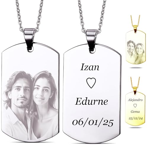 LUTTO Collar con foto, Collar personalizado, Colgante personalizado, Colgante con foto y texto Grabado, Chapas de identificación, Medalla de Acero, Corazón, Pergamino (Rectangular acero 30 mm)