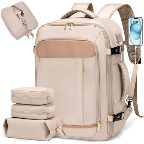 VNINE Travel Backpack for Women Men: 40L Large Carry On Backpack Flight Approved with 3 Packing Cubes Expandable Personal Item Travel Bag with USB Charging Port Fits 17" Laptop Essentials Beige
