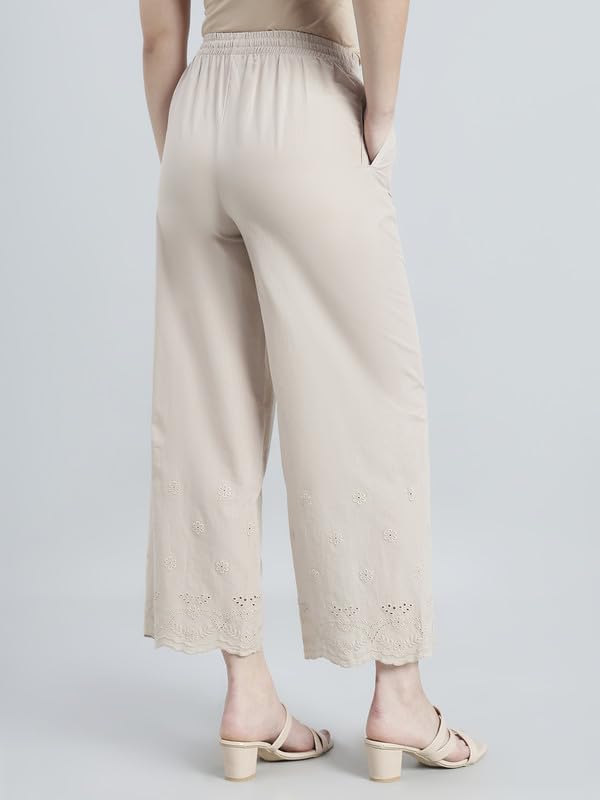 Image of GO COLORS Women Cotton Hakoba Wide Pant Ankle Length, Floral Embroidery, Relaxed Fit, Mid-Rise with Side Pocket