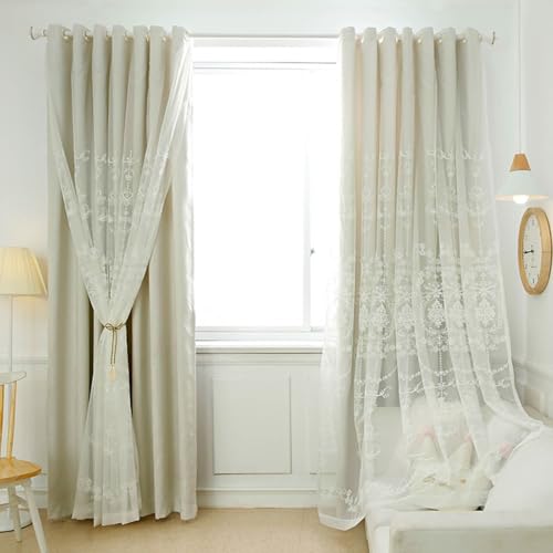 Homxi Blackout Drapes 2 Panels Set,2 x 54W x 63H inch,Beige Curtains Restaurant Double Layer with Lace Embroidery Pattern Drapes with Grommets for Bedroom