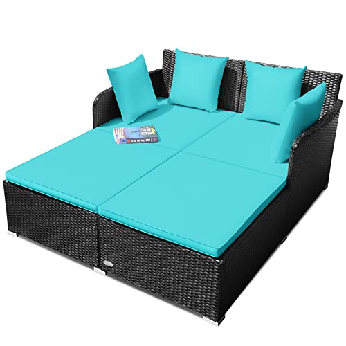 CASART Rattan Daybed, 4 Piece Double Wicker Sun Bed with Upholstered Cushions, Outdoor Modular Sun Loungers Relax Garden Furniture Set for Patio Poolside Backyard Balcony (Turquoise)