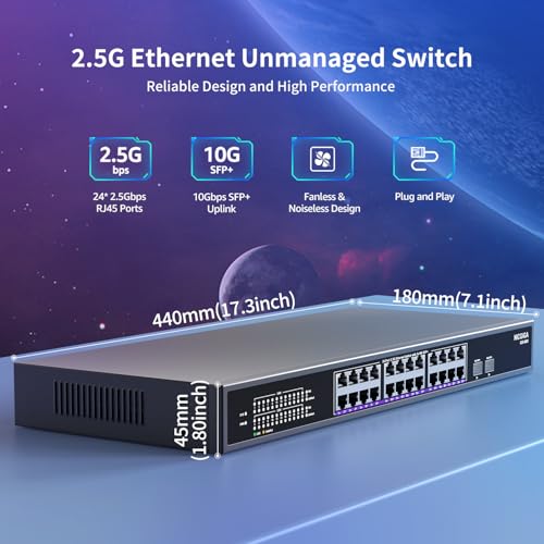 Image of 24 Port 2.5G ➕ 2 Port 10G SFP+ Ethernet Switch, NICGIGA 26 Port 2.5Gb Network Switch Unmanaged, Plug & Play, Desktop or 19-inch Rack Mount, Fanless Metal Design.