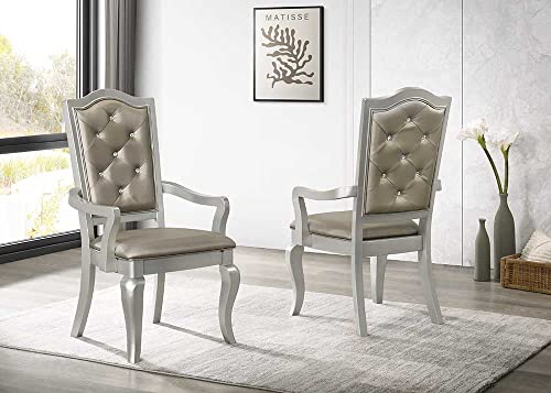 Liveasy Furniture Dining Table Set for 6, Kitchen & Dining Room Sets with Button Tufted Upholstered Chairs and Mirror Tile Edge in (Silver/Bronze) - Thumbnail 4
