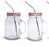Home Suave 20 oz Glass Mason Jars Mugs with Handle, Regular Mouth, Lids with 2 Reusable Stainless Steel Straw, Set of 2 (Rose Gold)