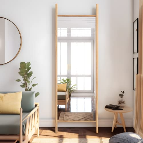 Image of NeuType 65 inch x 22 inch Full Length Mirror Large Ladder Style Mirror Solid Wood Frame Full Length Mirror for Wall, Large Bedroom Mirror, Wall Mounted or Leaning Against Wall, Natural (No Stand)
