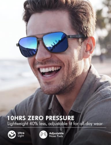 Image of Luenx Aviator Polarized Sunglasses for Men: Square UV400 Driving | Big Head Fit,Adjustable Nose Pads,Lightweight,Anti-slip,Impact-resistant,Scratch-Resistant,Glare Reduction,Gift-Ready Set