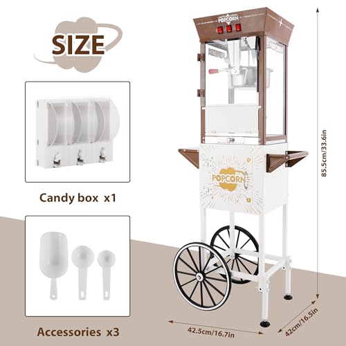 Image of 12 Oz Popcorn Machine Cart with Candy Dispenser (Brown + Antique White) - Large Vintage Popcorn Maker - 3 Easy Switches popper with Storage 3 Spoons for Commercial Home Use