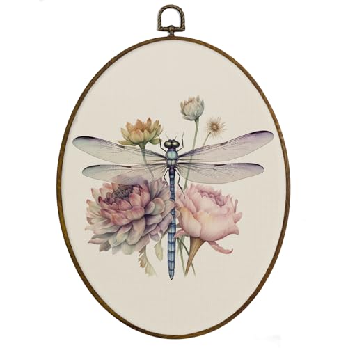 MAQIKA Dragonfly Flower Oval Framed Wall Art Decor, Dragonfly Wall Art, Boho Botanical Wall Oval Decor, Vintage Dragonflies Canvas Prints Wall Art for Farmhouse Wall Bedroom,8.7x11.3 Inch