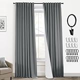 Dark Grey Blackout Curtains for Bedroom,Back Tab Hooks Pleated Linen Room Darkening Thermal Insulated Black Out Long Charcoal Gray Curtain Drapes for Living Room Window,84 Inch Length 2 Panels Set