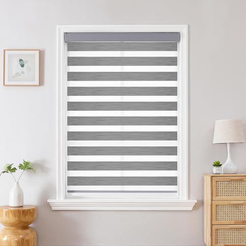 Joydeco Cordless Zebra Blinds for Windows, Dual Layer Light Control Window Blinds with Light-Proof Aluminum Cover, Free-Stop Roller Shades for Home & Office (Grey,18" W x 48" H)