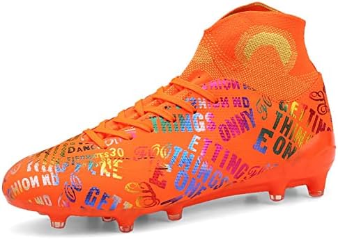 MAUGELY Men's Cleats Firm Ground Soccer Shoes Athletic Lightweight Running Outdoor Turf Comfortable Training Football Shoes Orange 11.5/10 US