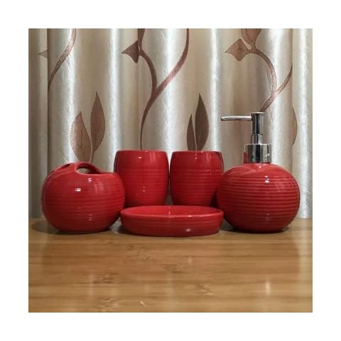 SWISSPACK 5 PCS Ceramics Bathroom Accessory Set, 5 PIECES Bathroom Accessory Set with Toothbrush Cup, Soap Dispenser, Soap Dish (RED) Cover
