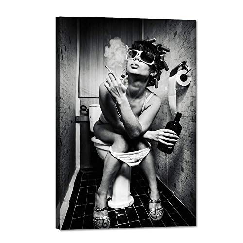 Modern Fashion Sexy Woman Canvas Art Smoking Lady Sitting in A Toilet with An Alcohol Bottle Painting Prints on Black and White Posters Ready to Hang for Bathroom Bedroom Decor - 12''W x 18''H