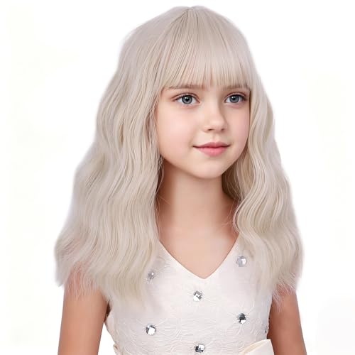 Image of kids White Blonde Wig Girls Short Light Blonde Wavy Curly Wigs Child Wig with Air Bangs Synthetic Cosplay Hair Wigs