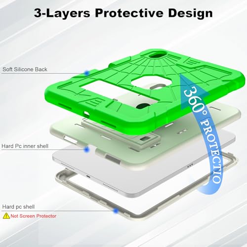 SIBEITU for iPad Case 11th A16/ 10th Generation 2025/2022, Heavy Duty iPad 10 Case with Built-in Kickstand & Pencil Holder, Hybrid 3-Layer Protective iPad 10th 10.9" Cover for Kids Boys Girls, Green