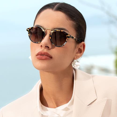 Image of CARFIA Double Bridge Small Acetate Sunglasses for Women Polarized, Retro Metal Brow Ladies Sunnies Fashion Round Eyewears