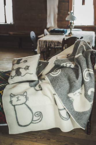 Ger3as Wendedecke Wolldecke Plaid 130 x 200 cm Warme Decke aus Schafwolle Decke Kuscheldecke Wolle Überwurf, Plaid oder Kuscheldecke für Sofa (Katze Grau) Cover