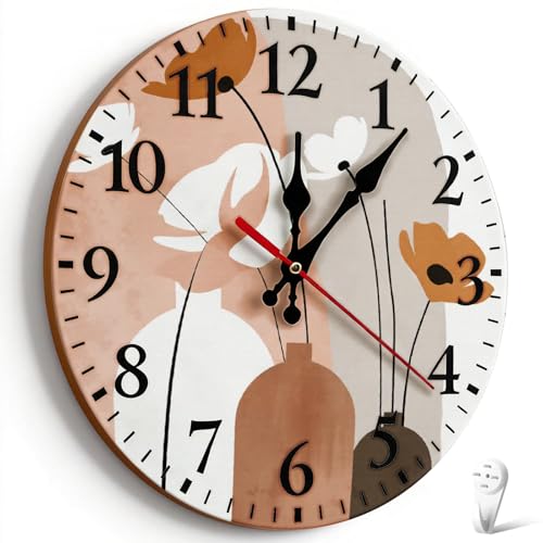 LANXINI Minimalist Floral Wall Clock with Earth Tones and Soft
