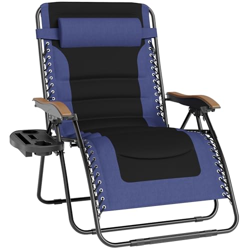 PHI VILLA XXL Oversized Padded Zero Gravity Chair, Foldable Patio Recliner, 30" Wide Seat Anti Gravity Lounger with Cup Holder, Support 400 LBS (Navy Blue)