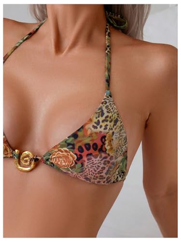 Women's 2 Piece Leopard Floral Bikini Sets Ring Triangle Halter Bathing Suit Tie Back Swimsuit3