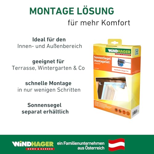 Foto von Windhager Montageset Seilspannmarkise Edelstahl InoxLine Silber, Befestigungsset aus Metall für Wand- und Deckenmontage, wetterfest und rostfrei, für Spannweiten bis 5 m, komplett für Montage, 10885