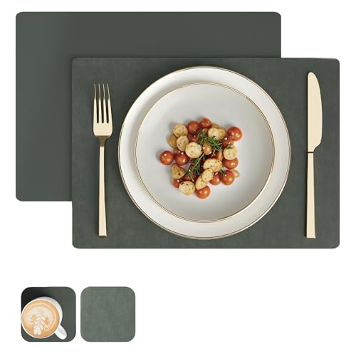 Image of Encasa XO Leather Dining Table Mat Set of 2 + 2 Coasters, 42x30 & 9 cm | Water & Heat Resistant Double-Layer Dining Table Mats with Suede Top | Wipeable & Durable Olive Placemats for Dining Table