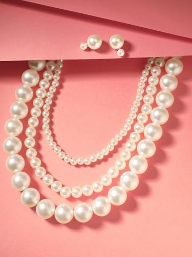 Image of Mansiyaorange Bold & Fine Layered Pearl Necklace with Matching Dual Pearl Stud Earrings - Statement Jewelry Set for Women