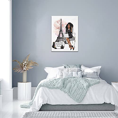 African American Wall Art Fashion Black Girl Canvas Wall Decor Paris Eiffel Tower Pictures Modern Framed Prints Artwork For Girls Room Bathroom Bedroom 12"X16" #TOP1