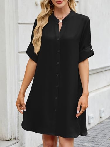Image of PerZeal Womens Sexy V Neck Button Down Shirt Dresses Summer Short Sleeve Casual Loose Blouses & Button-Down Shifts Cover Ups