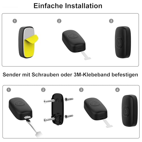 SECRUI Funkklingel Türklingel Set für Haustür, 1 Empfänger + 1 Sender Wasserdicht Haustürklingel, Funk Tür Klingel, Kabellos Doorbell mit 58 Melodien, 120dB 5 Lautstufen, LED, 300m Reichweite,Schwarz
