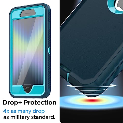 Image of AICase for iPhone SE Case 3rd & 2nd Generation, for iPhone SE 2022 /2020 Built-in Screen Protector Heavy Duty Protective Shockproof 3-Layer Full Body Rugged Phone Cover, Blue /Turquoise
