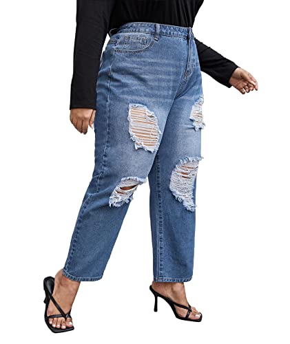SOMTHRON Women's Plus Size Ripped Distressed Jeans High Waist Straight Leg Destroyed Loose Denim Pants Trousers2