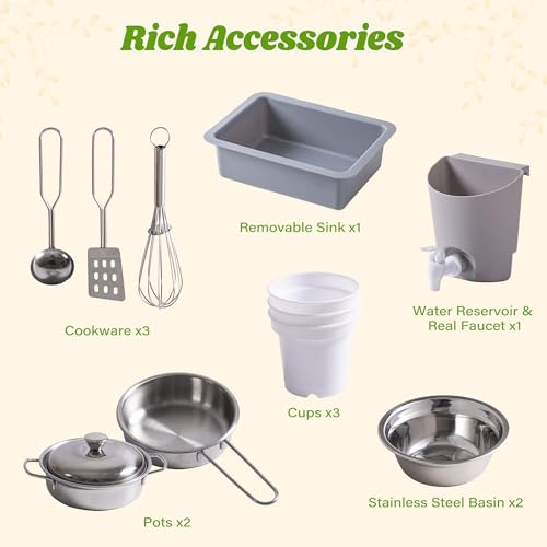 ROBUD Kinder Matschküche Holz, Spielküche mit Echtem Wasserhahn, Pflanzkasten, Insektenkasten, Rollenspiel Kinderküche für draußen, Geschenk für Mädchen Jungen ab 3 Jahren, Naturholz