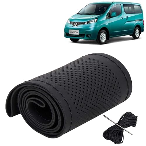 Image of KINGSWAY PU Leatherite Car Steering Cover Sewable Compatible with Nissan Evalia (Year 2009 Onwards), Black Color with Black Thread, Pack of 1 with Sewing Needle and Thread