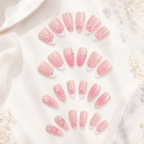 Image of Secret Lives Almond Nail Extensions 3D Pink Pearl With French Tip Details Dimensional Flower Artificial Nail Art, 24-Piece Set with Kit