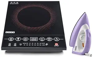 Usha Cookjoy (Cj1600Wpc) 1600 Watt Induction Cooktop (Black), Sealed, 1 Burner & USHA Armor AR1100WB 1100 W Dry Iron with Black Weilburger Soleplate (Purple)