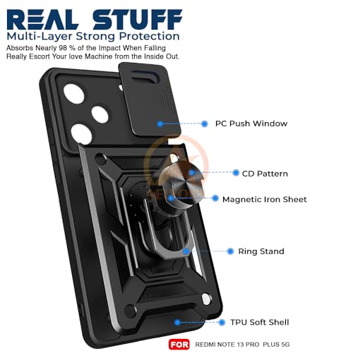 Image of Armor Bumper Back Cover Case for Redmi Note 13 Pro Plus 5G Rotating Camera Cover, Ring Holder & Kickstand | Heavy Duty & 360 Degree Protection Redmi Note 13 Pro Plus 5G Back Cover (Black)