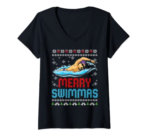 Mujer Merry Swim-mas Feo Pijama de Navidad Nadador fresco Camiseta Cuello V