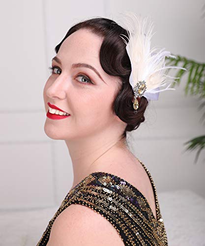 Aimimier Bridal 1920S Flapper Feather Hair Clip Crystal Teardop White Feather Roaring 20S Headpiece Prom Party Festival Gatsby Hair Jewelry For Women And Girls #TOP2