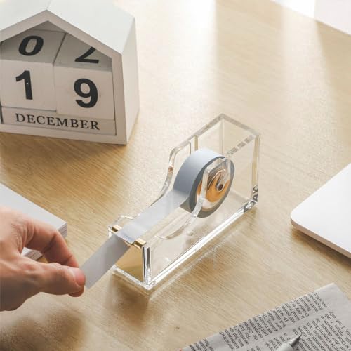 Klebebandspender aus Acryl, Tischabroller Tape Abroller, Transparent Klebebandabroller für Schreibtische, Schule, Zuhause, Gold