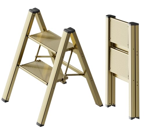 SOLADDER 2 Step Ladder Anti-Slip and Lightweight Foldable Step Stool for Adults to Use in Kitchen Closet and Library 300lbs(Brown Gold)
