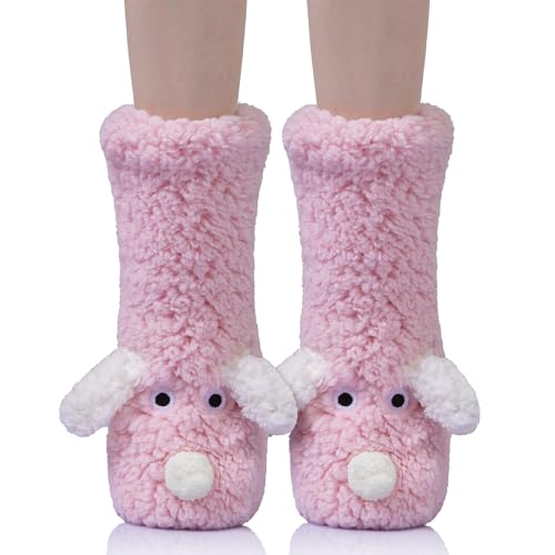 Eocom Kids Boy Girls Slipper Socks Crazy Funny Fuzzy Cute Animal Grips Winter Warm Fluffy Cozy Socks(Pink, 8-12 Years)