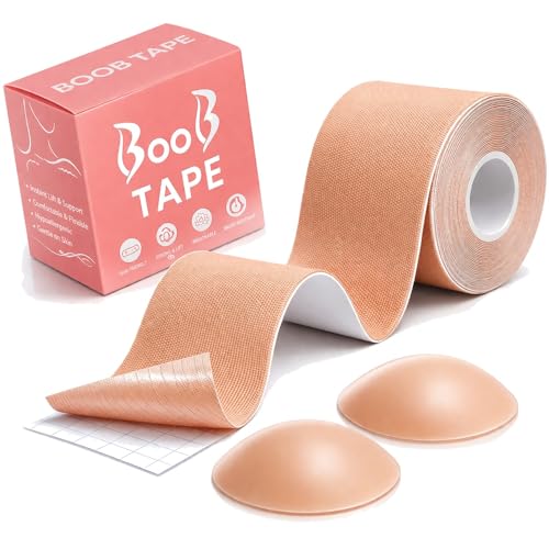 INTELLIGRON Boob Tape Bob Tape for Large Breasts Self-Adhesive Strapless Boobtapes with 2 Pcs Nipple Covers 5M Stretchable Longer Roll Perfect to Stick on Bra Kinesiology Tape